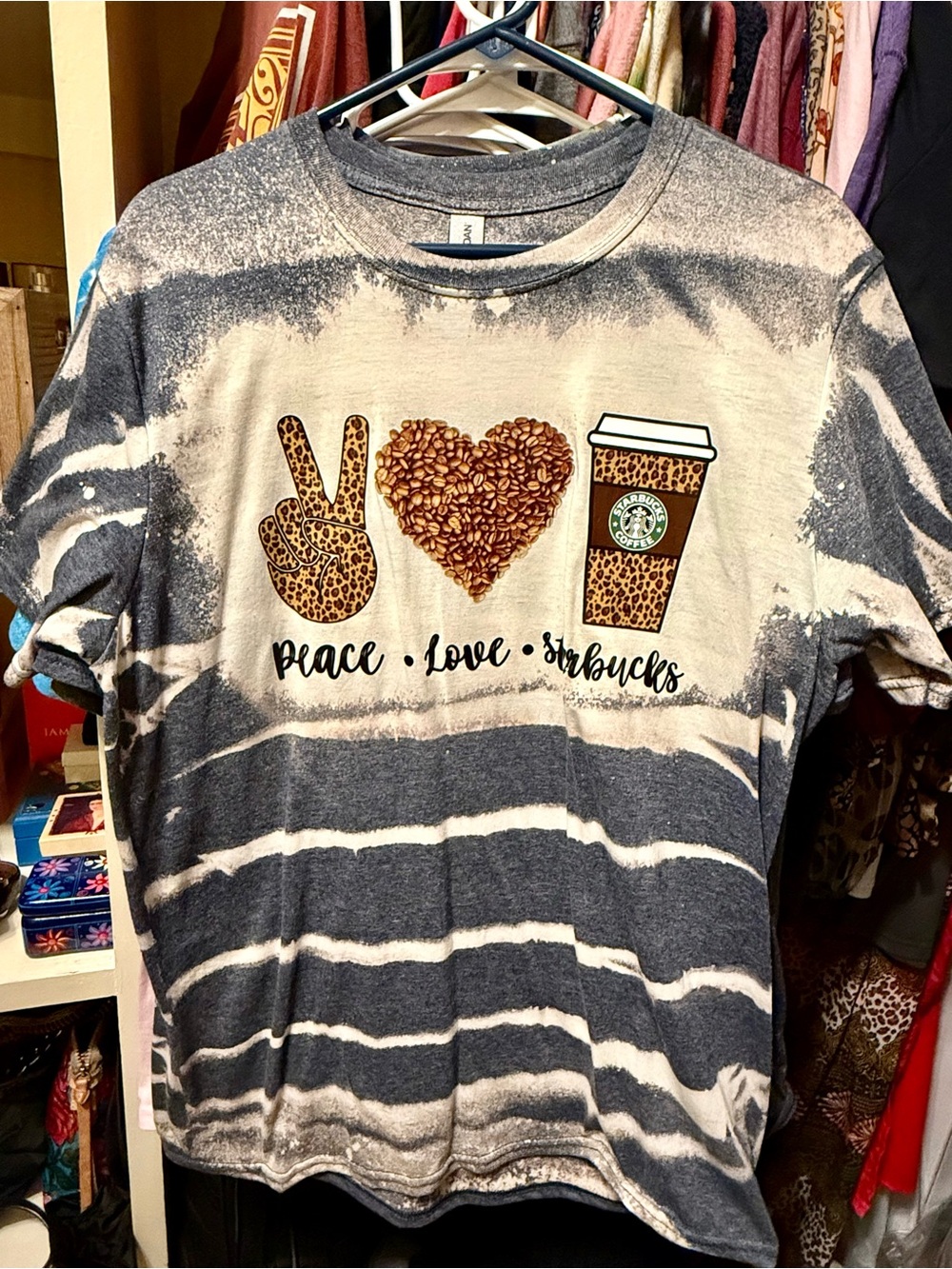 Peace Love Starbucks Tie-Dye women Tee - Gray & Cream